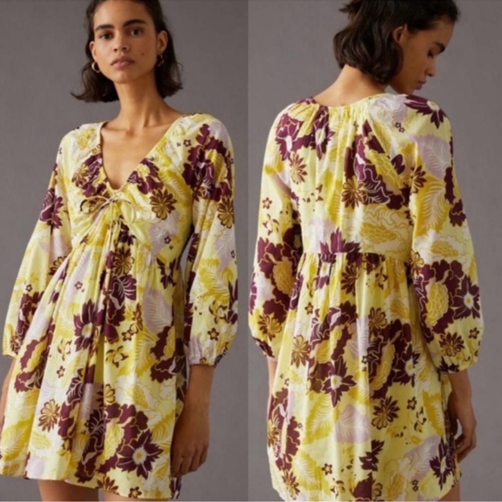 Anthropologie Floral Yellow and Purple Women's Dress